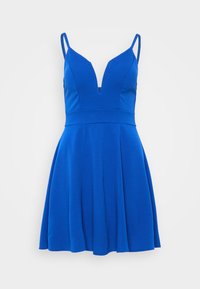 Blue sleeveless dress with a plunging neckline, fitted bodice, and flared skirt. Smooth fabric with no visible patterns or accents.