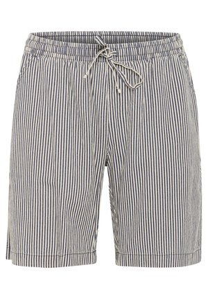 Sinine ja valge triibuline lühike püksid, mis on valmistatud kerge materjali, elastse vöökoha ja paelaga ning külgmiste lõigetega allääres.