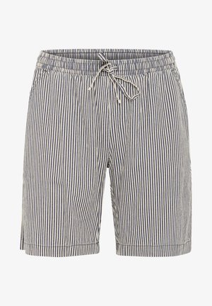 Blauw en witte gestreepte shorts gemaakt van lichtgewicht stof, met een elastische tailleband met een trekkoord en zijsplitten aan de onderkant.