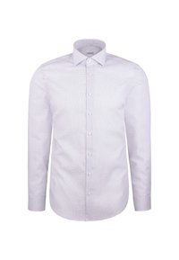 Camicia da uomo bianca con un delicato motivo a scacchi, con bottoni sul davanti, maniche lunghe e colletto a punta, esposta su uno sfondo bianco.