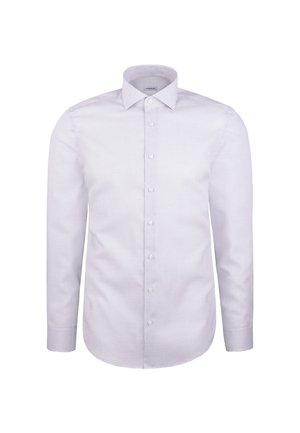 Hvid herreskjorte med subtilt ternet mønster, knaplukning foran, lange ærmer og spidse kraver, præsenteret på en hvid baggrund.