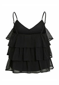 Top nero senza maniche con scollo a V, caratterizzato da tre strati di rouches in tessuto leggero. Le spalline sono sottili e regolabili.