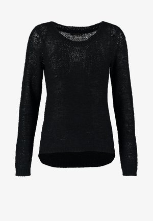 Sweater preto tricotado com mangas longas, decote largo e um padrão texturizado. A bainha arredondada é mais longa na parte de trás do que na frente.
