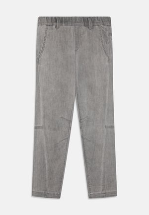 Harmaat puuvillahousut joustavalla vyötärönauhalla, kahdella sivutaskulla ja vahvistetut saumat polvialueilla. Tasainen etuosa, löysä malli.