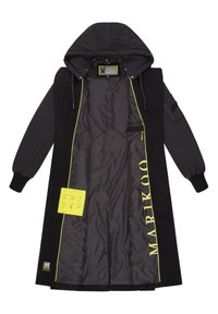 Black long coat with a hood, featuring a bright yellow lining and accents. Includes side pockets and a care instruction label.