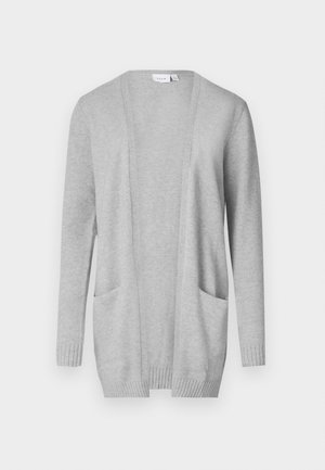 Cardigan grigio chiaro realizzato in un materiale morbido, con un'apertura frontale, due tasche anteriori e polsini e orlo a coste.