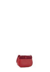Red leather bag with a suede flap, rounded shape, and a smooth texture. Features a zipper closure and subtle gold-tone hardware accents.