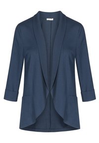 Tmavě modrý blazer s otevřeným předním dílem, tříčtvrtečními rukávy a dvěma předními kapsami. Vyrobený z hladké látky, s šálovým límcem a zaobleným lemem.