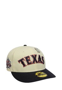 Cream baseball cap with a black visor, featuring red and blue "TEXAS" embroidery and a side logo patch, made from durable fabric.