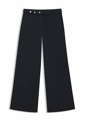 Wide-leg black trousers with a smooth texture, featuring a flat waistband, a double-button closure, and side pockets.