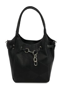 Zwarte tote bag met een getextureerd geometrisch patroon, een zilveren kettingaccent en dubbele schouderbanden. Gemaakt van synthetisch leer.