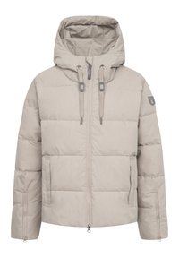 Lichtbeige pufferjack met een capuchon, met een ritsluiting aan de voorkant, twee zijzakken en elastische manchetten. Gestucte stof met gestikte panelen.