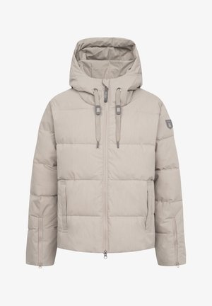 Lichtbeige pufferjack met een capuchon, met een ritsluiting aan de voorkant, twee zijzakken en elastische manchetten. Gestucte stof met gestikte panelen.