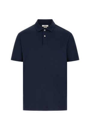 Polo à manches courtes bleu marine avec deux boutons blancs et un petit logo discret sur la poitrine gauche.