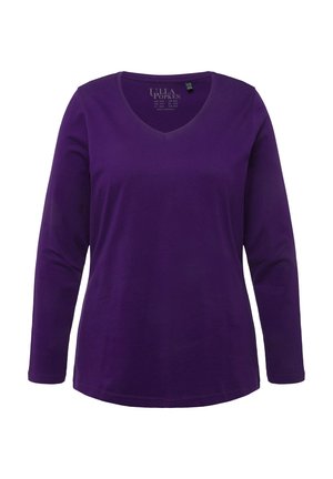 Maglietta viola a maniche lunghe con scollatura a V realizzata in morbido cotone. Presenta un orlo dritto e una vestibilità rilassata, senza ulteriori motivi o dettagli.