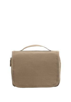Rechteckige, beige Reise-Kosmetiktasche mit obenliegendem Griff und Reißverschluss, aus strukturiertem Stoff.