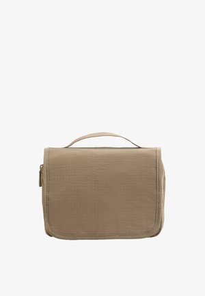 Rechteckige, beige Reise-Kosmetiktasche mit obenliegendem Griff und Reißverschluss, aus strukturiertem Stoff.