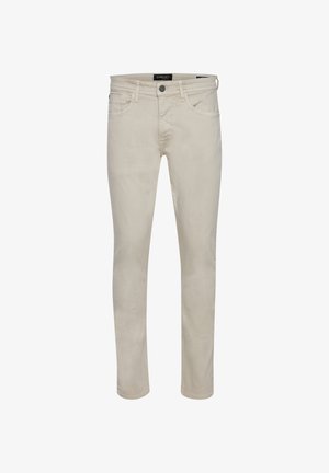Beige slim-fit jeans med en glat tekstur, design med fem lommer og lukning med en enkelt knap. Har bæltestropper og et subtilt mærkeetiket.