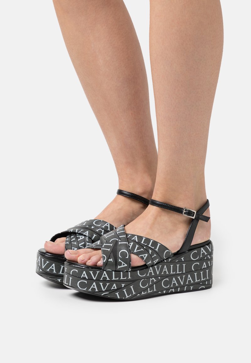 Snake-Embellished Sandals in Black for Women Roberto Cavalli®