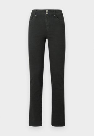 Black denim jeans with a fitted design, featuring two front pockets, two back pockets, and a double button closure at the waist.
