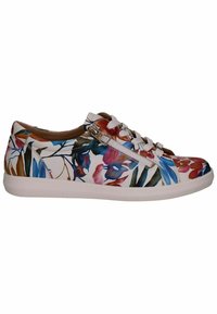Sneakers in pelle bianca con stampa floreale e dettagli in blu, rosa e marrone. Presentano lacci bianchi, una zip decorativa e una suola in gomma.