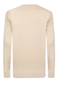 Maglione beige lavorato a maglia, scollo tondo, maniche lunghe, polsini e orlo a coste, tessuto morbido, design minimalista, senza motivi o loghi visibili.