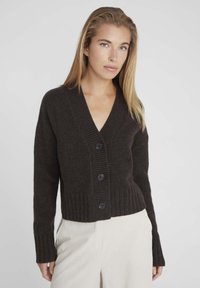 Cardigan en tricot marron foncé avec ourlet côtelé, col en V profond, cinq boutons noirs et manches longues, porté avec un pantalon beige clair.