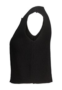 Mustat neulotut hihattomat puserot, joissa on syvä V-kaula-aukko, teksturoitu ribbikuosi ja sivuaukot lisäämään liikkuvuutta. Yksinkertainen ja minimalistinen muotoilu.