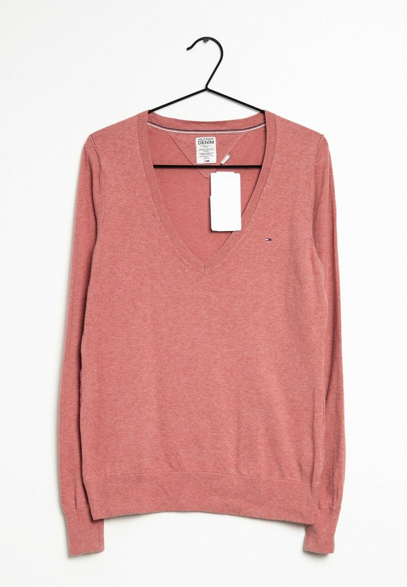 Růžový svetr s výstřihem do V a dlouhými rukávy, se žebrovaným lemem a manžetami, vyrobený z bavlněné směsi. Štítek připojený k výstřihu.