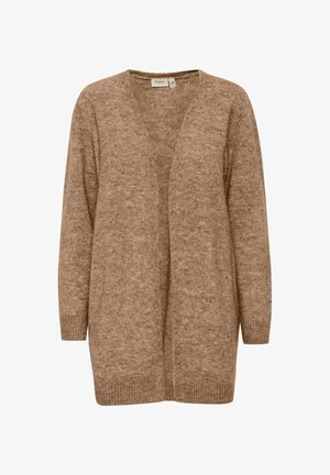 Cardigan en tricot marron à coupe ample, avec un col en V, des manches longues et des poignets côtelés. Texture douce avec un motif subtil en dégradé.