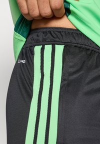 Calções atléticos pretos com três riscas verticais verdes e um bolso com fecho. A cintura é elástica, proporcionando conforto e flexibilidade.