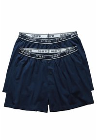 Zwei Paare Herren-Boxershorts in Marineblau, ausgestattet mit einem dehnbaren Bund mit "JP1880"-Logo, Knopfverschluss vorne und lockerer Passform.