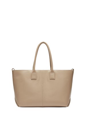 Borsa tote in pelle beige con due manici corti, forma rettangolare, texture liscia e dettagli di cucitura discreti, senza hardware o accenti visibili.