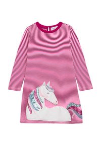 Raidallinen vaaleanpunainen pitkähihaimeinen mekko, jossa on yksisarvisapplikointi sateenkaaren värisillä paljeteilla, pyöreä pääntie ja takana olevat napit.