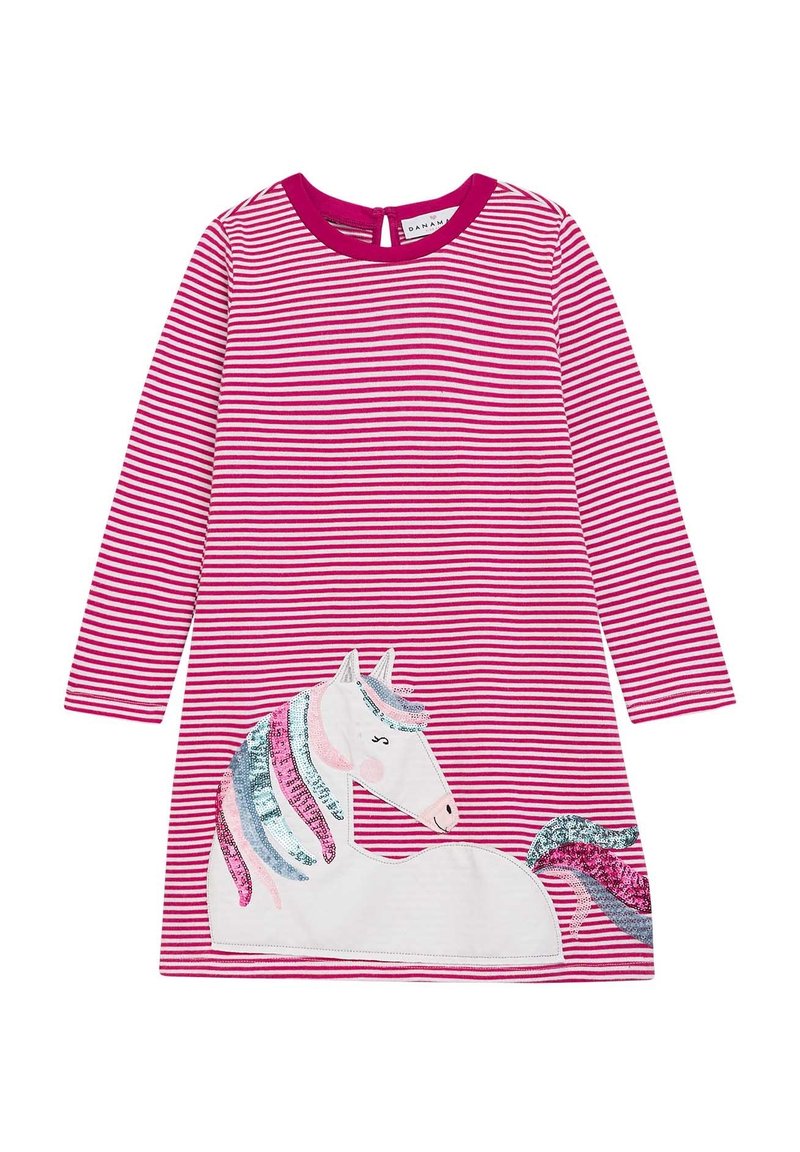 Raidallinen vaaleanpunainen pitkähihaimeinen mekko, jossa on yksisarvisapplikointi sateenkaaren värisillä paljeteilla, pyöreä pääntie ja takana olevat napit.