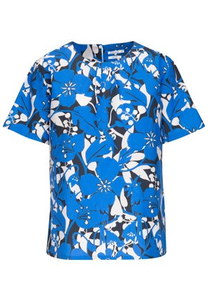 Blue, white, and black short-sleeve shirt with oversized floral and bird pattern and a round neckline with a small button closure.