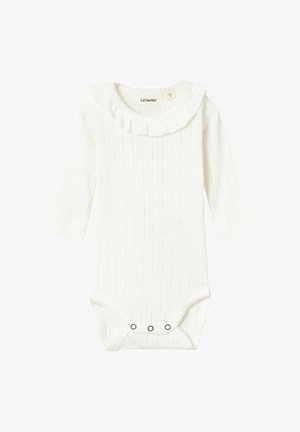 Body à manches longues rayé blanc avec décolleté volanté, fermeture à pression en bas et détails en tissu texturé. Matière en coton doux.