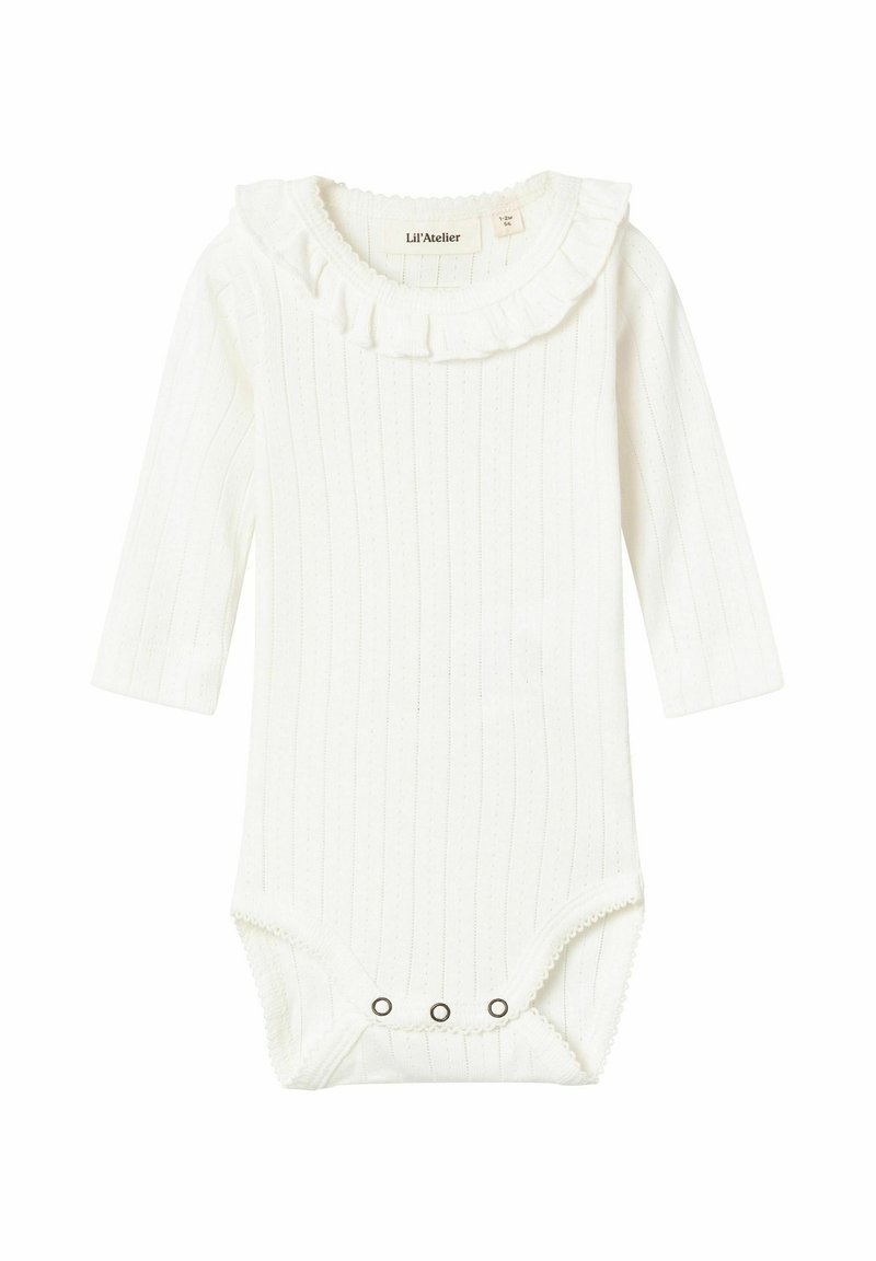 Body à manches longues rayé blanc avec décolleté volanté, fermeture à pression en bas et détails en tissu texturé. Matière en coton doux.