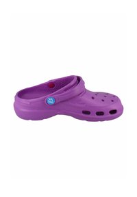 Purple clogs made of lightweight foam material, featuring ventilation holes, a back strap, and a textured interior for comfort.