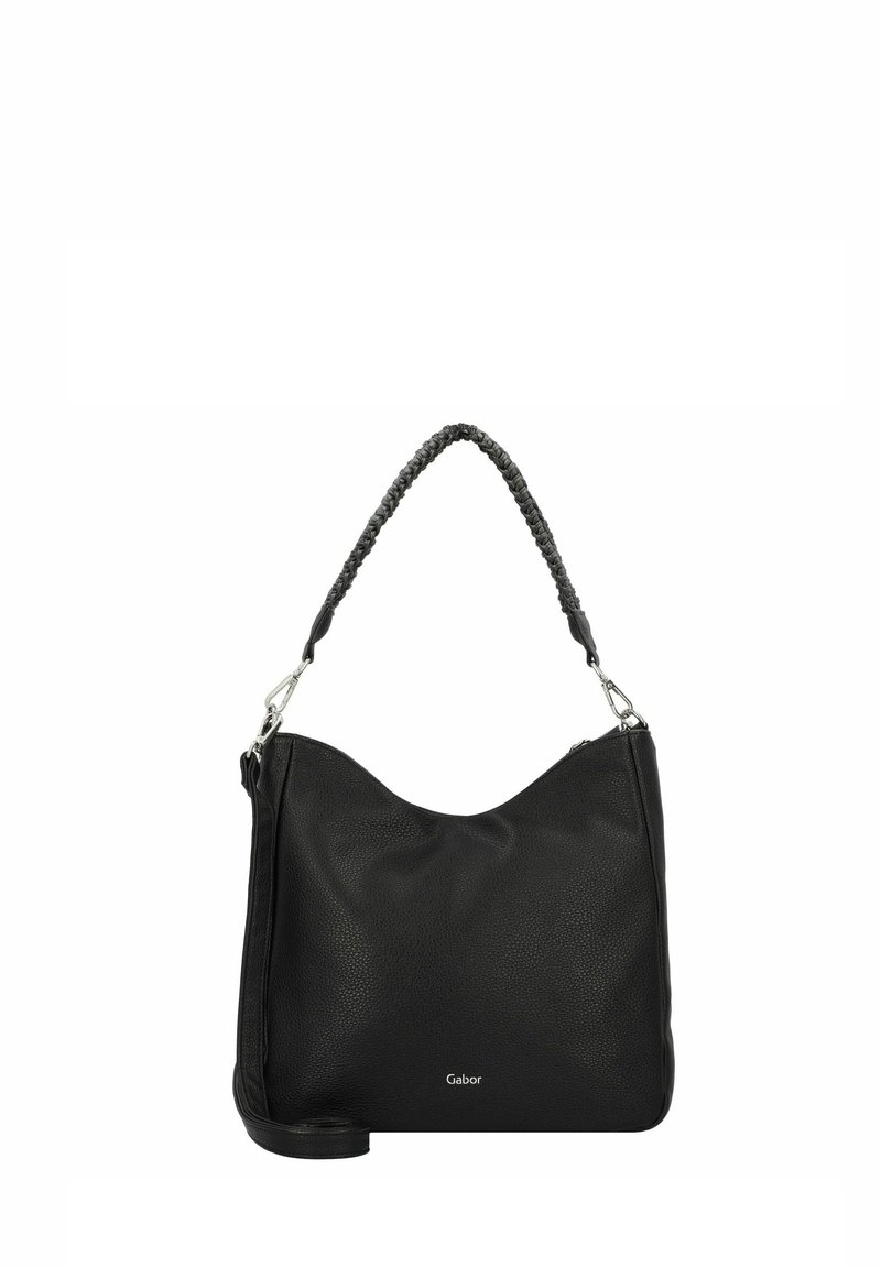 Borsa a tracolla in pelle nera con finitura testurizzata, forma curvata e tracolla intrecciata. Presenta una chiusura con zip e dettagli con logo.