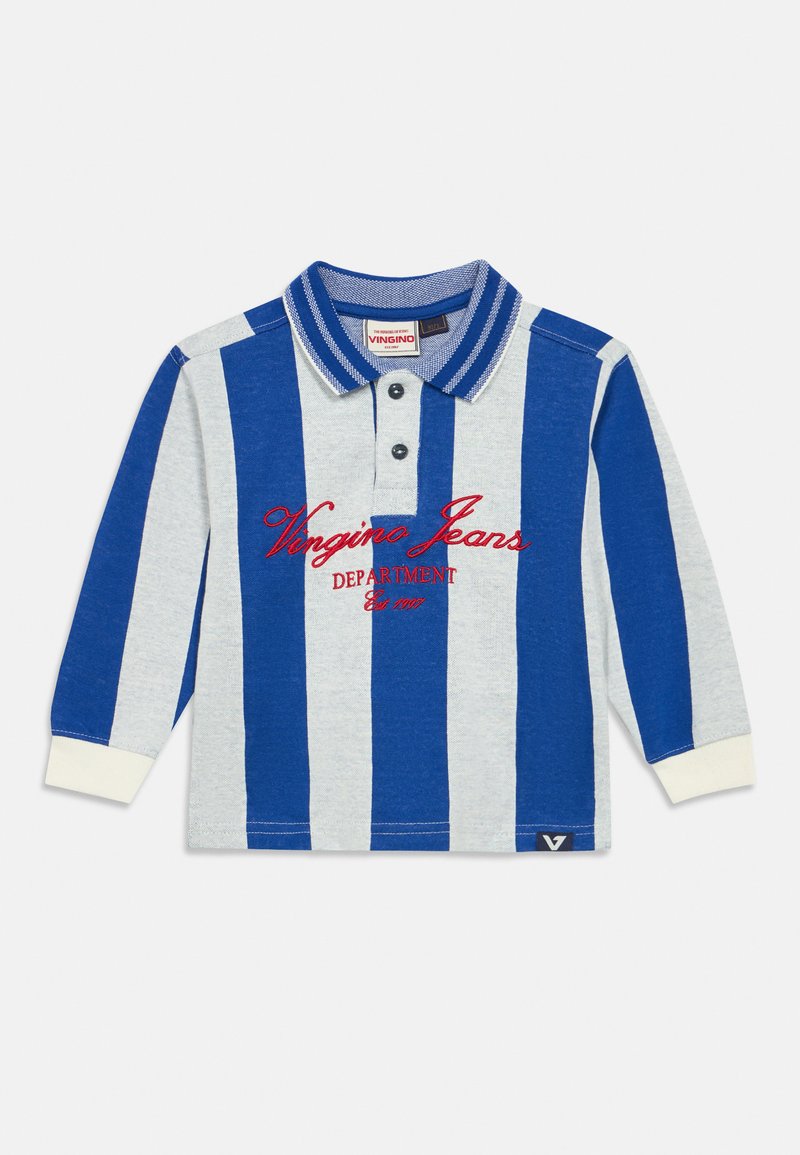Camisa de pólo de mangas compridas em riscas azuis e cinzentas, com gola, lista de botões e logótipo bordado "Vingino Jeans".