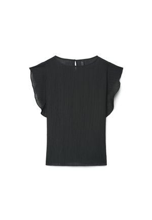 Schwarze ärmellose Bluse mit subtiler vertikaler Textur und gerafften Schulternähten, rundem Ausschnitt und Knopfverschluss hinten.