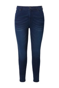 Granatowe wąskie dżinsy z przodu zapinane na guziki i zamek błyskawiczny, z pięcioma kieszeniami, na białym tle.