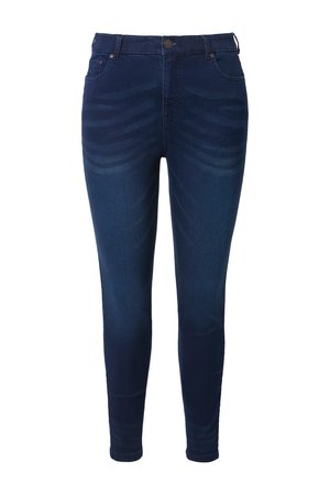 Tmavě modré úzké džíny s předním knoflíkem, zapínáním na zip a designem s pěti kapsami na bílém pozadí.