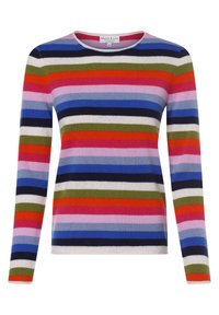 Mehrfarbiger gestreifter Pullover mit langen Ärmeln und rundem Ausschnitt. Er zeichnet sich durch leuchtende Streifen in Pink, Blau, Grün, Rot und Marineblau auf einem weichen Material aus.