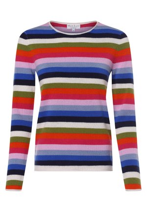 Multicolored gestreepte trui met lange mouwen en een ronde hals. Kenmerkt zich door heldere strepen van roze, blauw, groen, rood en marineblauw op een zachte stof.