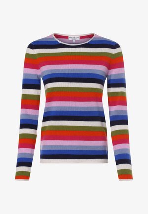 Multicolored gestreepte trui met lange mouwen en een ronde hals. Kenmerkt zich door heldere strepen van roze, blauw, groen, rood en marineblauw op een zachte stof.
