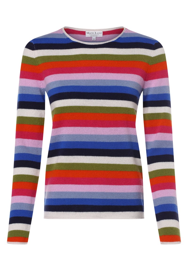 Mehrfarbiger gestreifter Pullover mit langen Ärmeln und rundem Ausschnitt. Er zeichnet sich durch leuchtende Streifen in Pink, Blau, Grün, Rot und Marineblau auf einem weichen Material aus.