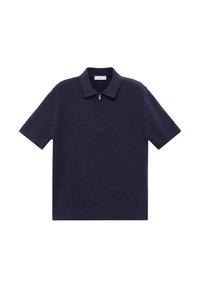 Polo bleu marine à manches courtes avec un design texturé, doté d'un col à fermeture éclair et d'une coupe décontractée. Confectionné dans un tissu respirant.