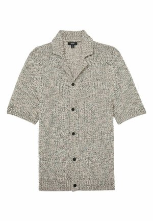 Szürke-fehér kötött rövid ujjú kardigán gallérral és öt fekete gombbal az elején, texturált anyagból.